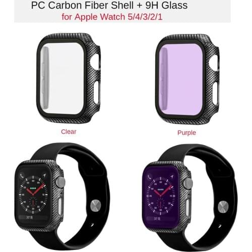 9H Glass Carbon Fiber Case for Apple Watch Series 6 SE 5 4 40 44mm Screen Protector PC Cover for iWatch 3 2 1 38 42mm Hard