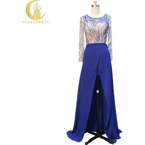 Hot Sale Real Sample Image Rhine royal Blue Long Sleeves Sexy See Through Chiffon Fashion Elie Saab Long Evening Dresses