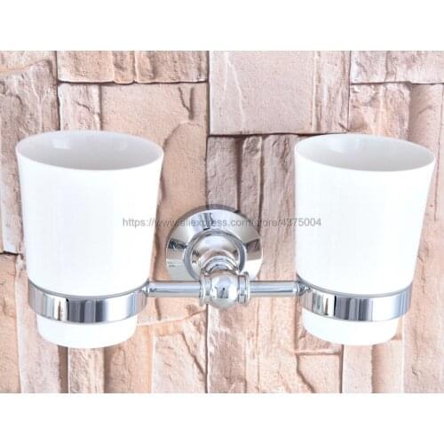Bathroom Polished Chrome Toothbrush Holder + Two Ceramic Cups Wall Mounted Bathroom Accessories Nba798