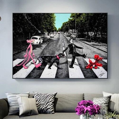 Graffiti Art Pink Panther Dog People Walking on The Street Canvas Posters Wall Art Modern Home Decorative Paintings (No Frame)