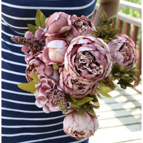 One Artificial Silk Peony Flower Bunch 8 Heads Fake Peonies with Foam Berries Hydrangea Flowers for Wedding Bouquets