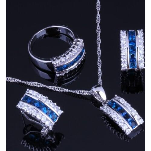 Gracious Blue Cubic Zirconia White CZ Silver Plated Jewelry Sets Earrings Pendant Chain Ring V0005