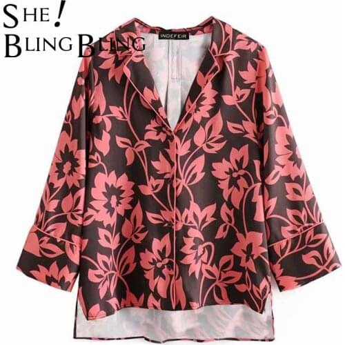 SheBlingBling Red Printed Kimono Shirt Summer Fashion Notched Collar Single Breasted High Low Hem Women Casual Loose Shirt Tops