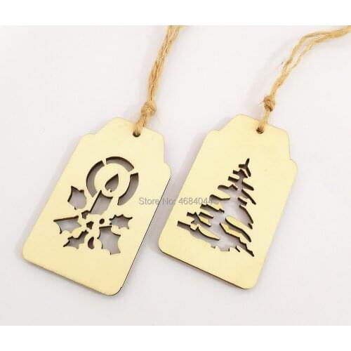20pcs 50x30mm Natural Wood Square Christmas Pendants Favor Christmas Tags DIY Crafts Embellishment Tree Holly Patterns