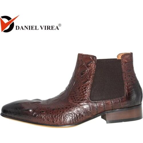 Genuine Leather chelsea boots men fashion alligator print Pointed Toe ankle dress shoes