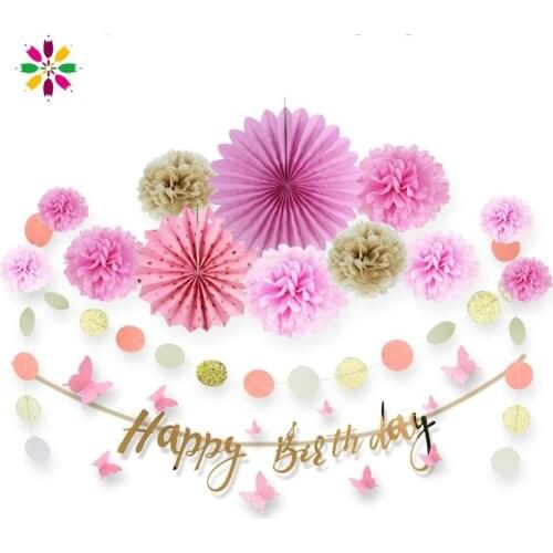 Pink Birthday Party Decorations Kids Set 15pcs Hanging Happy Birthday Banner Paper Garlands for Girl & Adult Birthday Party