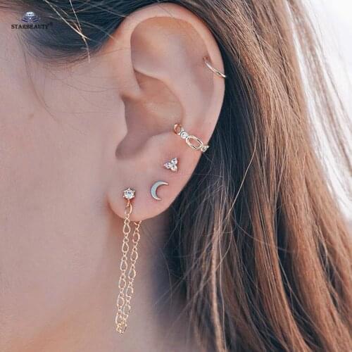 5 pcs/lot Moon Ear Piercing Tassel Earring Set Helix Piercing Nose Ring Gold Color Fake Earrings Fake Piercing Ear Body Jewelry