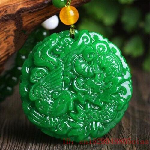 Natural Green Emerald Jade Dragon Phoenix Pendant Jadeite Necklace Charm Jewellery Fashion Accessories Hand-Carved Amulet Gifts