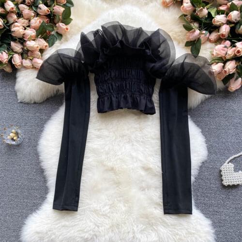 2021 New Summer Blouse Female Tube Top Mesh Stitching Wood Ears Blusa Sexy Navel All-match Top DF237