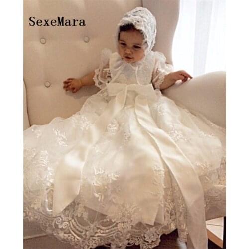 New Lovely Baby Girl Baptism Gown First Birthday Party Dress Kid Size 0-24 month Baby Robe Christening Dress With Bonnet