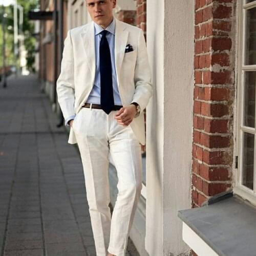 Cream White Linen Mens Groom Wedding Suits Groomsme Slim Fit Two Button Peaked Lapel Formal Work Prom Office Blazer Jacket 2 pcs