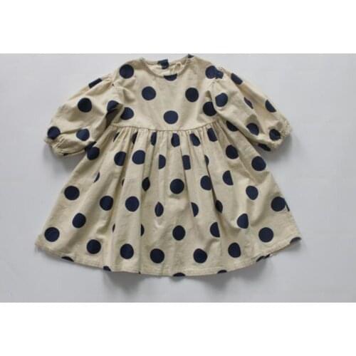 2021 Korea style girls dots dress fashion cotton linen full sleeve autumn girls dresses