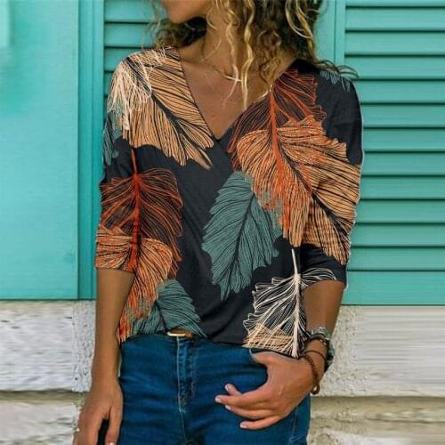 Pull décontracté à manches longues et col en v pour femmes, chemisier imprimé feuilles de vigne, chemises à boutons, mode automn
