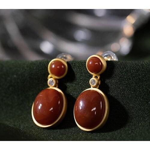 Natural Hetian red Tourmaline Earrings Chinese style retro palace style gold plating craft light luxury womens silver jewelry