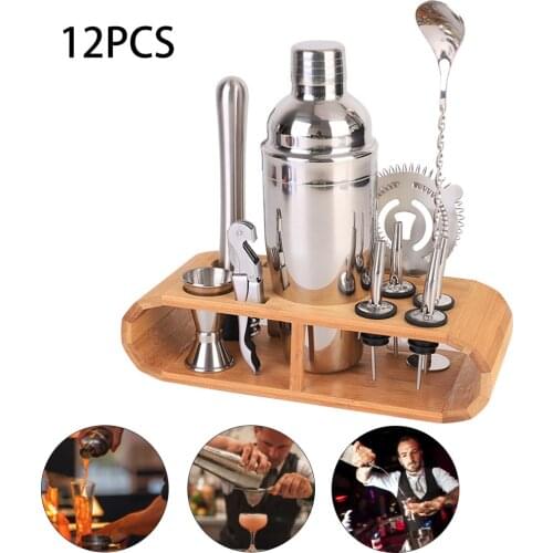 12Pcs/Set Cocktail Shaker Mixer Bartender Kit with Stylish Wooden Stand 750ML Stainless Steel Bartending Kit for Home Bar Party