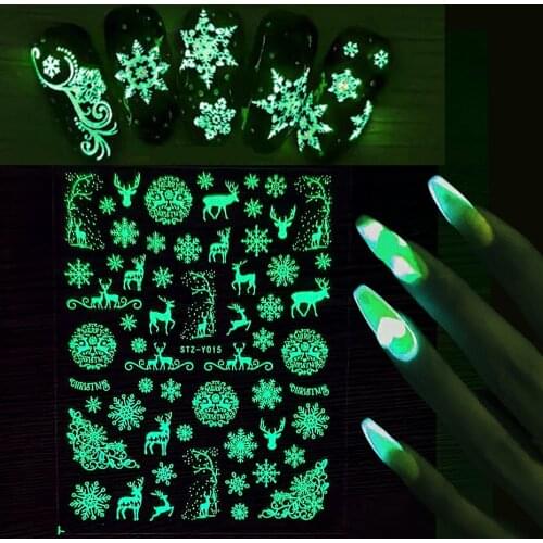 Luminous Christmas 3D Nail Stickers White Snowflakes Butterfly Star Glow In The Dark Decal New Year Nails Art Decorations LESTZY