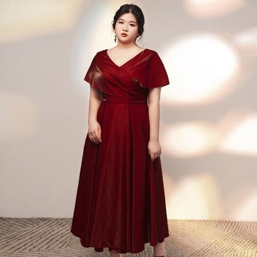 Evening Dress Deep V-Neck Empire Short Sleeves Burgundy Ankle-Length Lace Up Simple A-Line Plus Size Women Formal Gowns D1248