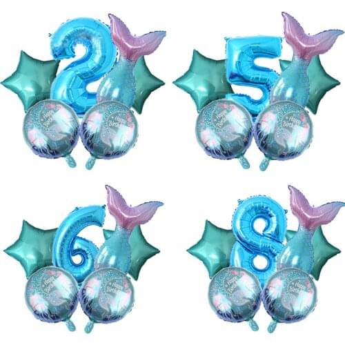 6pcs/lot Rainbow Mermaid Tail Foil Balloons With Blue Number Helium Balloon Baby Girl Birthday Party Wedding Decorations Globos