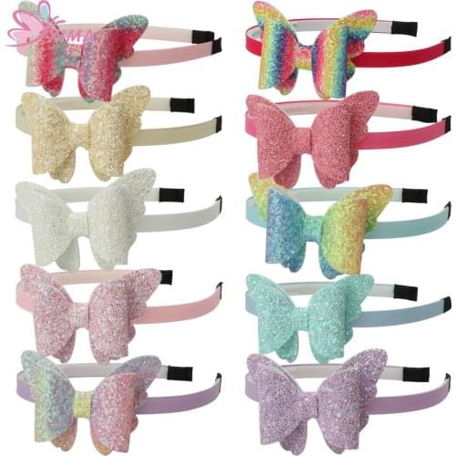 XIMA 10pcs/lot 3inch Glitter Butterfly Hairband Rainbow Hair Bows Headband Children Women Hair Accessories for Party Gift