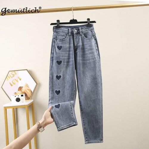 GEMUTLICH Plus Size Women Denim Ankle-Length Pants High Waist Loose Casual Jeans Trousers Heart Embroidery Big Size 38 40
