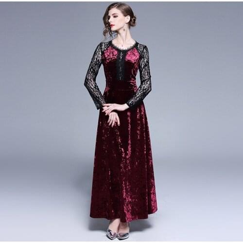 Women Autumn Winter Elegant Velvet Dresses Event Party Robe High Quality Lace Designer Vintage Vestidos Fashion Velvet Dresses