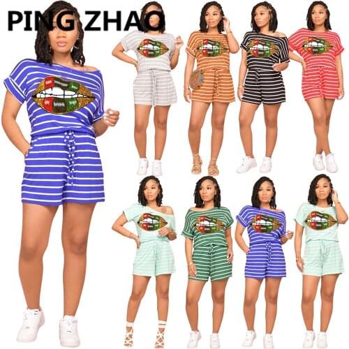 PING ZHAO Women Striped Print Sport Two Piece Set O-Neck Tee Tops Shorts Jogger Suit Matching Set Outfits 2021