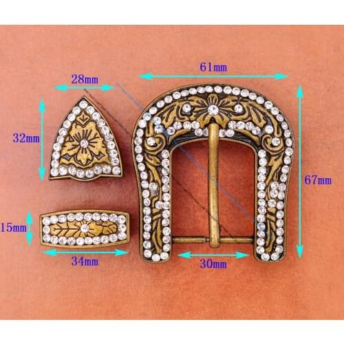 Antique Brass Bling Western Cowboy Rodeo 3PCS Set Floral Carved Replacement Silver Rhinestone Crystal Belt Buckle Fit 30mm Strap