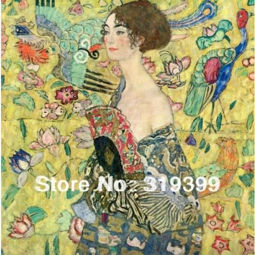 Oil Painting reproduction on Linen Canvas,Lady with Fan by gustav klimnt,,Free DHL ship ,100% handmade,Museam Quality