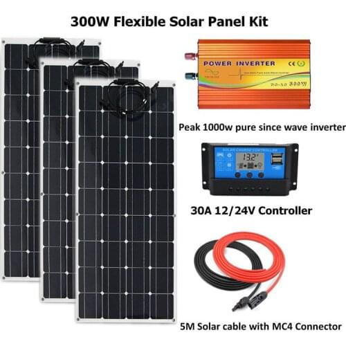 300W flexible Solar Panel Kit with peak 1000w pure since wave inverter:300W Solar Panel, PWM 30A LCD Controller Off Grid System