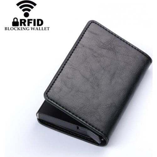 Metal Credit Card Holder Automatic Elastic Vintage Aluminum Wallet PU Leather Antitheft Rfid Blocking Wallet Pass Port Holder