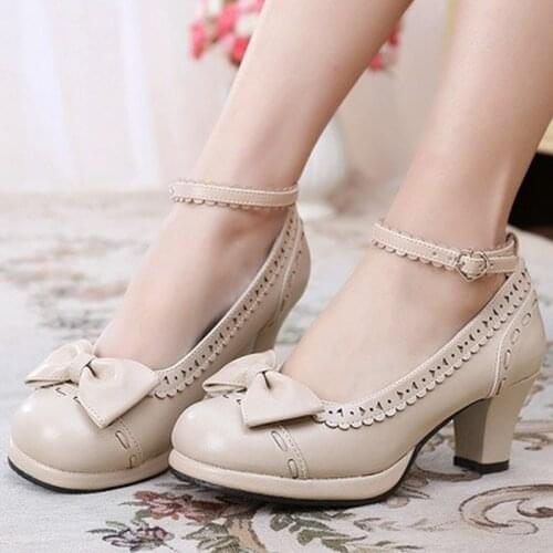 Japanese Princess Girl Lolita Bow Cute Jk Student Round Head High-heeled and Sweet Shoes Vintage Sweet Lolita Shoes Cos Loli