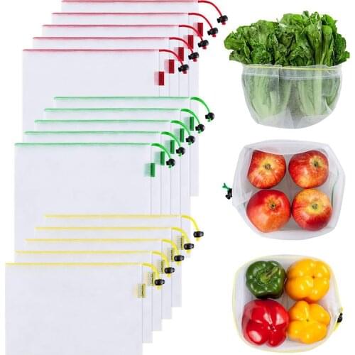 3/5/12pcs Reusable Mesh Produce Bags Grocery Bag Holder Drawstring Vegetable Fruit Bag Washable Kitchen Storage Bags