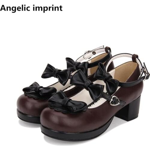 Angelic imprint fashion woman mori girl lolita cosplay shoes lady mid heels pumps women princess dress party shoes bowties 33-47