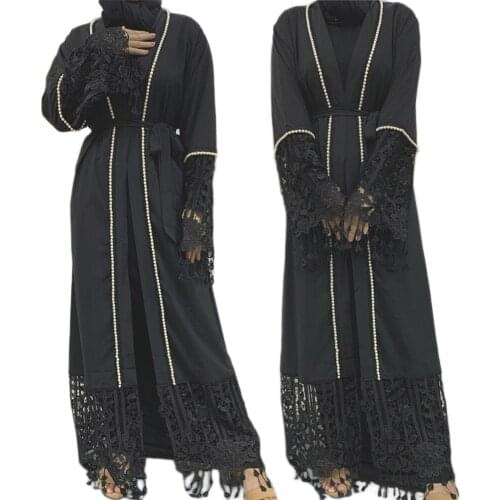 Muslim Abaya Ramadan Islamic Women Beading Lace Patchwork Hollow Out Party Evening Kaftan Dubai Jilbab Maxi Robe Open Kimono New