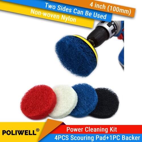 Drill Power Cleaning Kit 4 PCS Industrial Scouring Pads +1 PC 6.35mm Shank Back-up Pad Nylon Scrubbing Pad for Kitchen Bathroom