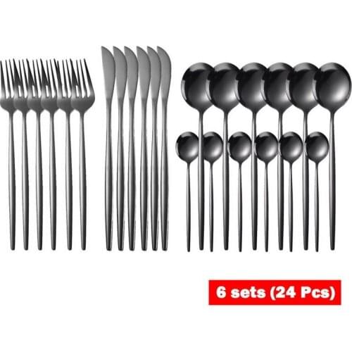 24Pcs Dinnerware Set Stainless Steel Cutlery Set Kitchen Glossy Gold Tableware Set Knife Fork Spoon Black Gold Silverware Sets