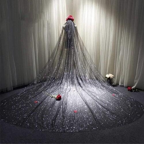 New Sparkly Bling Bling Black Wedding Veils 3m Glitters Sequins Chapel Train Wedding Prom Wraps Accessories