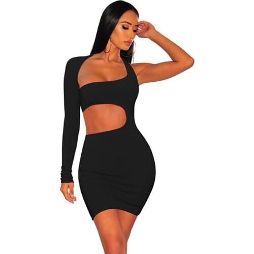 2021 New Sexy Hollow One-Shoulder Long Sleeve High Waist Short dress European and American Nightclub Slim dress