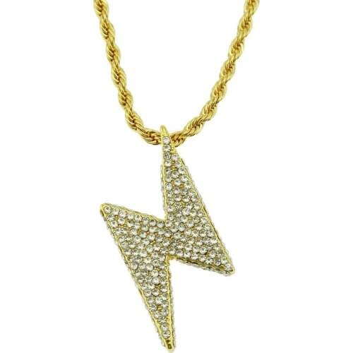 Hip Hop Rhinestones Paved Bling Iced Out Lightning Pendants Necklace for Men Rapper Jewelry Gold Silver Color Drop Shipping
