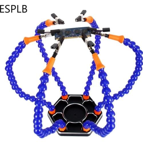 ESPLB Third Helping Hand Soldering Station 6pcs Flexible Arms 3X Magnifying USB Flashlight Magnifier Welding Repair Station