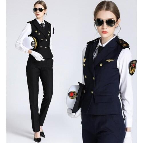 Chinese Navy Seawoman Uniform woman Captain Shoulder Seal Standard Uniform cosplay KTV Bar vest + Shirt + Pants Servant Workwear