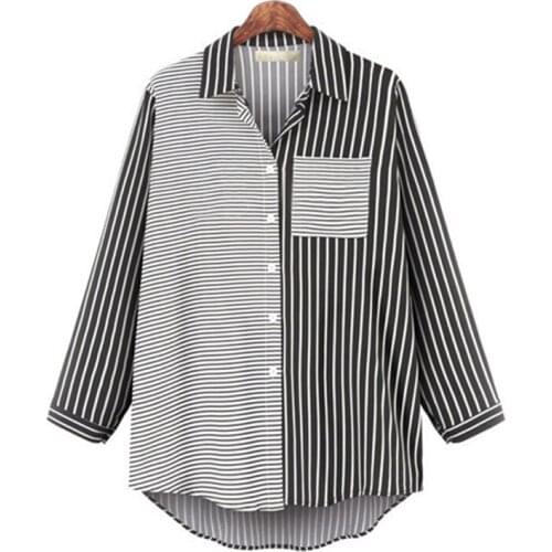 Trytree Spring Women Blouse Casual Turn-down Collar Single Breasted Patchwork Pockets Loose Fashion Stripe Irregularity Blouse