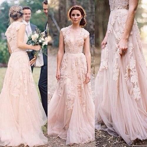 Robe De Mariee Vintage Lace Prom Gown V-Neck Appliques Ruffles Cap Sleeve Wedding Party Dress Custom Made