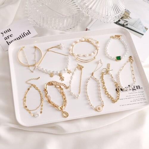 VKME Punk Gold Chain Beads Pearl Bracelet For Women Beaded Little Bear Star Pendant Charm Bracelets 2021 Trend Jewelry