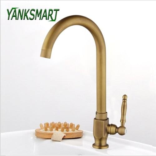 YANKSMART Antique Brass Kitchen Faucet Single Handle Single Hole Only Cold Swivel Faucets Deck Mounted Basin Sink Water Tap