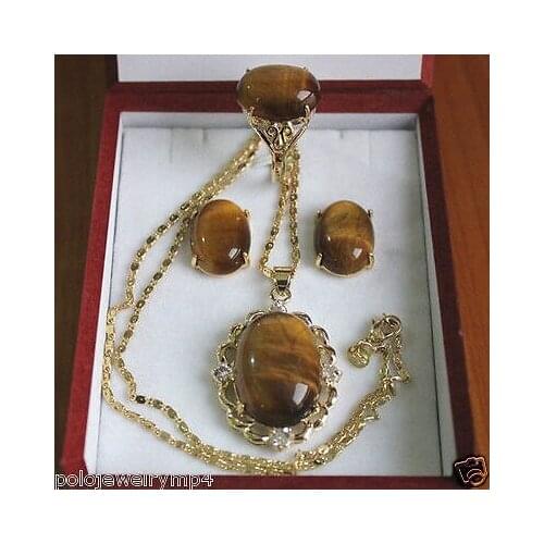 Jewelry Tiger Eye Stone Ring Earrings Pendant Set >*- watch wholesale Quartz stone CZ crystal