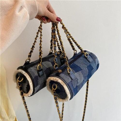 FANTASY Denim Boston Stray Women’s Handbag Stitching Color Cylinder Pillow Bags 2021 Summer Newest Messenger Shoulder Bag Female