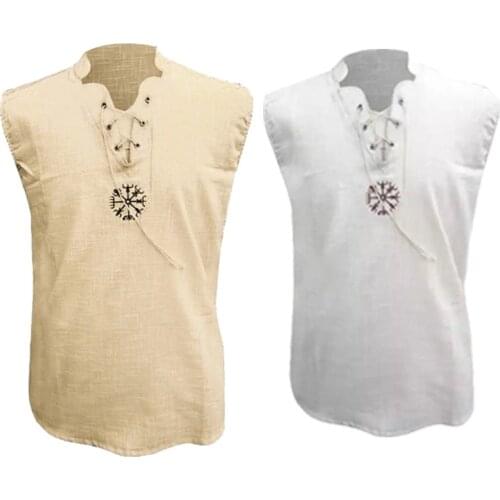 M-4XL Summer Tanks Linen Cotton Vest Shirt Medieval Viking Warrior Pirate Costume Men Casual Cotton Tops Tee For Adult Plus Size