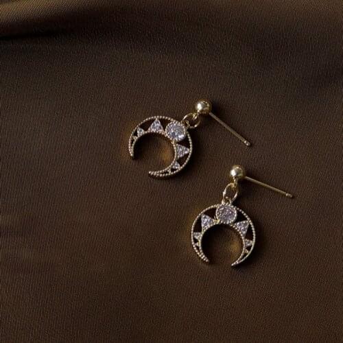 Binmonray 925 Sterling Silver 14k Gold Zircon Hollowed Moon Drop Stud Earring for Women Shine Crystal Aesthetic Designer Jewelry
