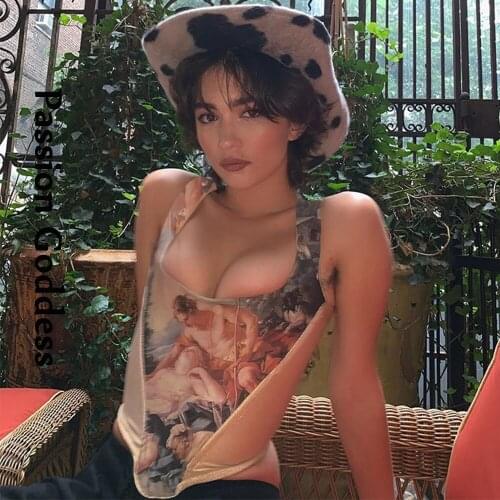 Women Vintage Oil Painting Cropped Tops Sleeveless Slim Irregular Low-cut Tubes Square Collar Tank Vest Femme Party Crop Tops